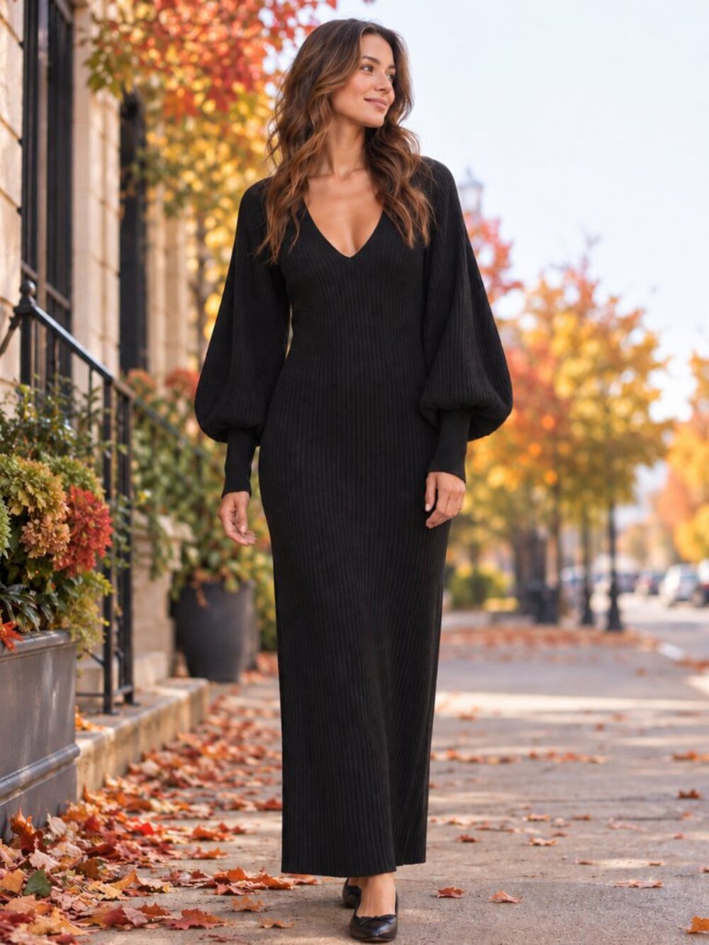 Free People Beach Rosha Black Ribbed Maxi Sweater Dress XS Balloon Sleeve V Neck
